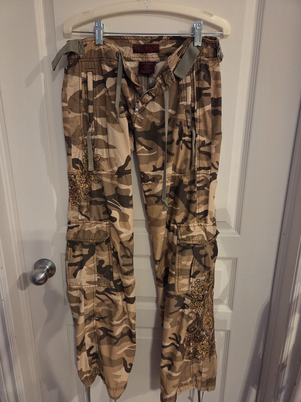 Miss Me Camo Cargo Pants with Embroidered Detail - Beige with Khaki Camouflage
